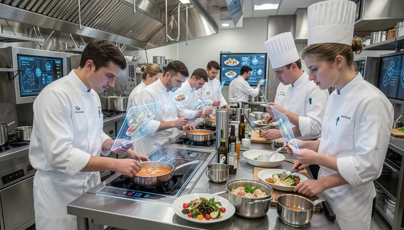 A high-end professional kitchen where chefs an